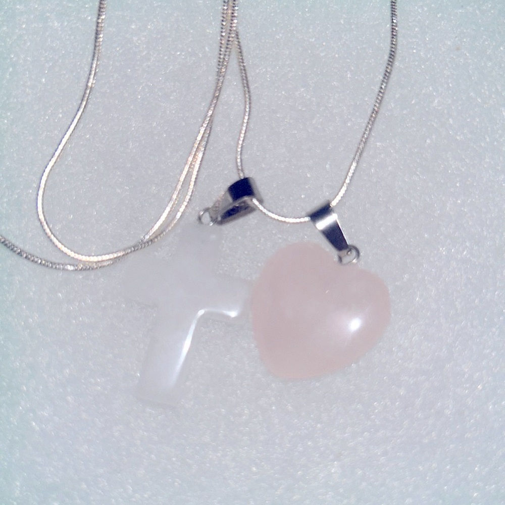 Boho hippie Quartz Crystal Cross and Rose Quartz heart Sterling Silver 24” Nec…
